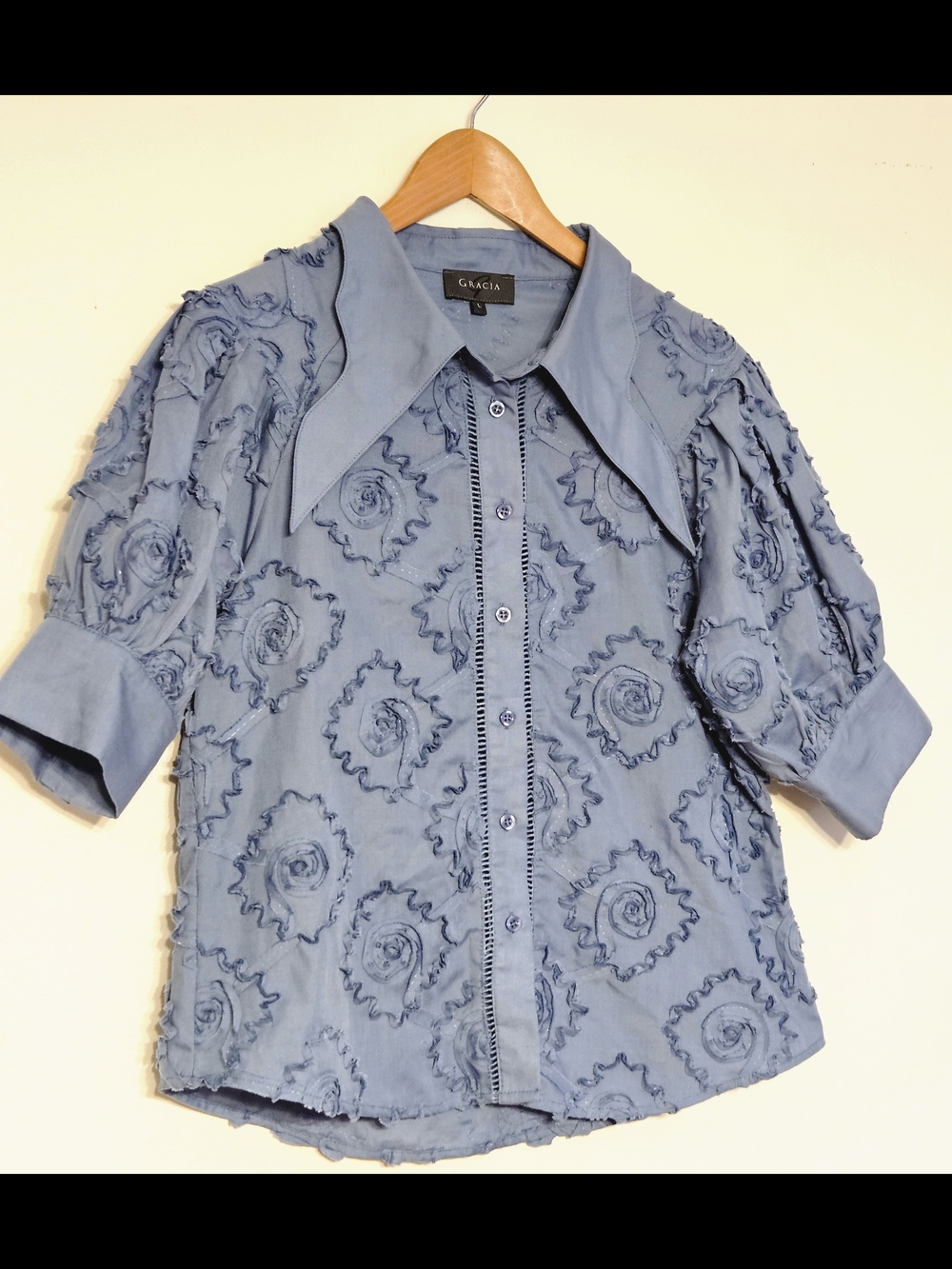 ​Gracia New York 3D Floral Rosette Statement Blouse - Steel Blue - Size L